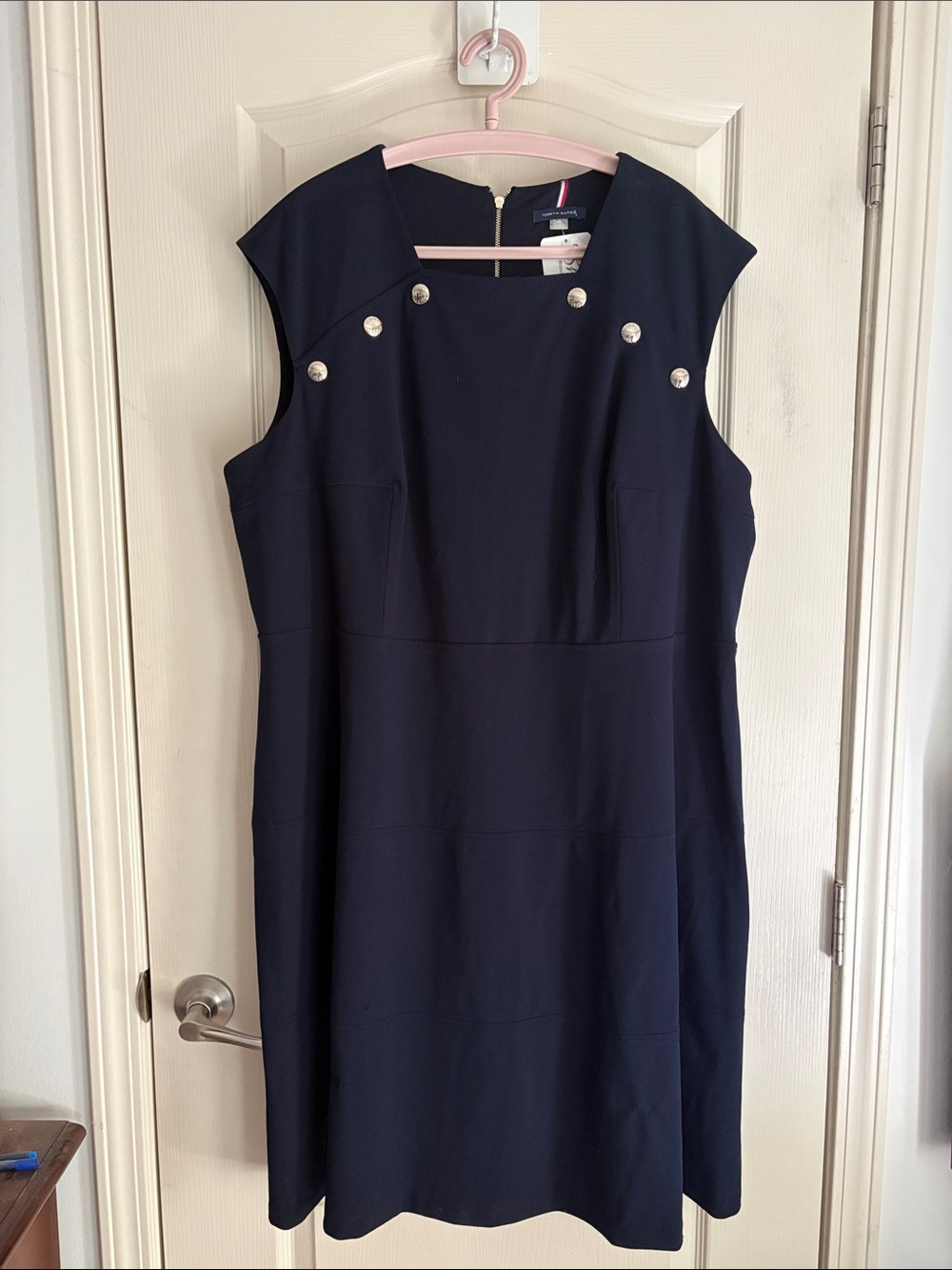 Tommy Hilfiger Navy Sleeveless Sheath Dress with Gold-Tone Buttons